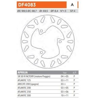 ΔΙΣΚΟΠΛΑΚΑ DF4083A ATLANTIC 125 200 250 300 ΟΠΙΣΘ 189.5-88.7-69.5 3ΤΡ(8.4) NEWFREN