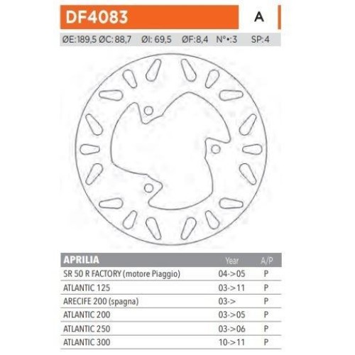 ΔΙΣΚΟΠΛΑΚΑ DF4083A ATLANTIC 125 200 250 300 ΟΠΙΣΘ 189.5-88.7-69.5 3ΤΡ(8.4) NEWFREN